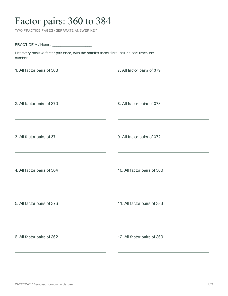 Preview of Factor pairs: 360 to 384 - practice and answers