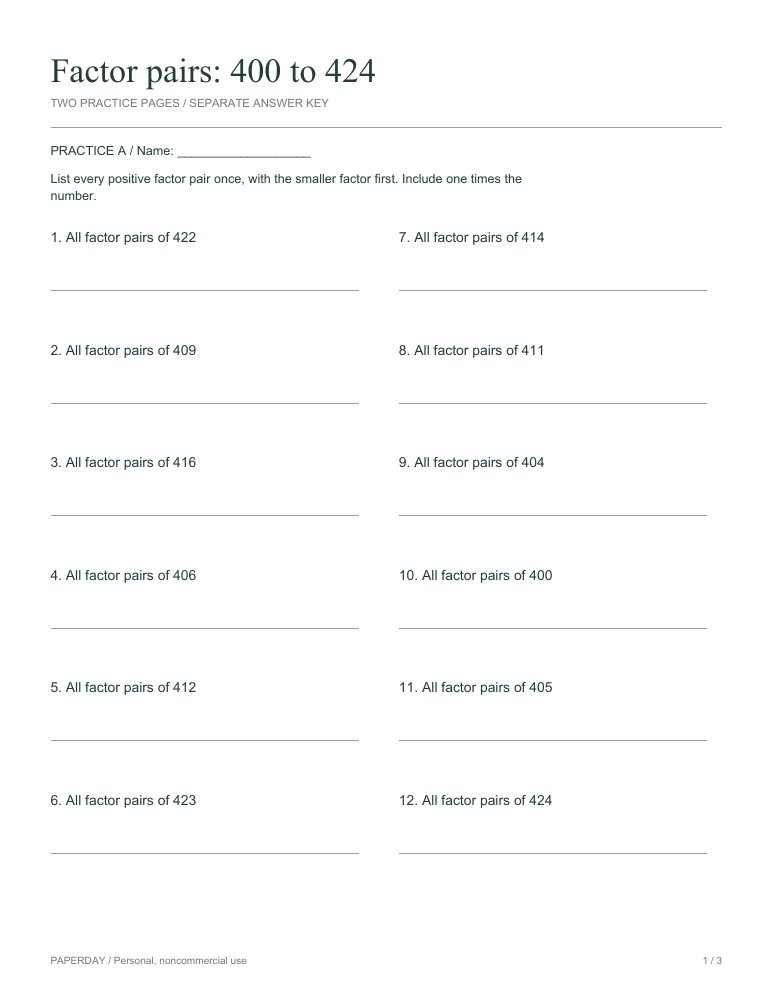 Preview of Factor pairs: 400 to 424 - practice and answers