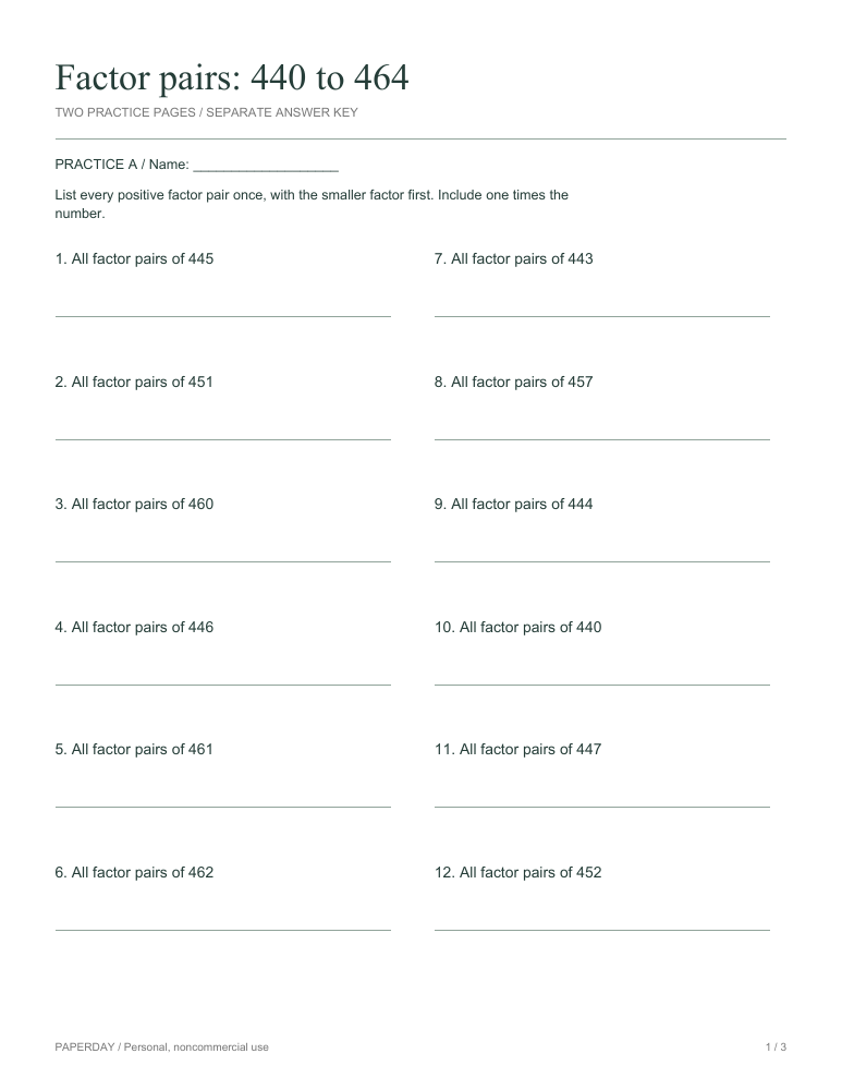 Preview of Factor pairs: 440 to 464 - practice and answers