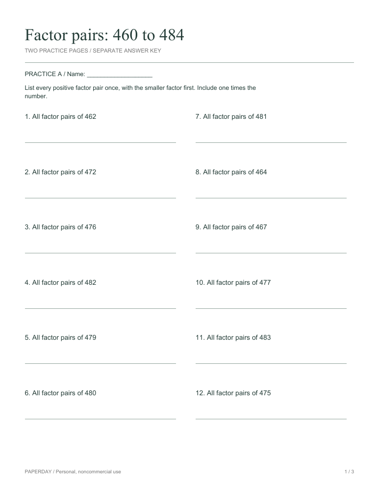 Preview of Factor pairs: 460 to 484 - practice and answers