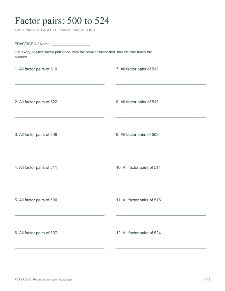 Preview of Factor pairs: 500 to 524 - practice and answers