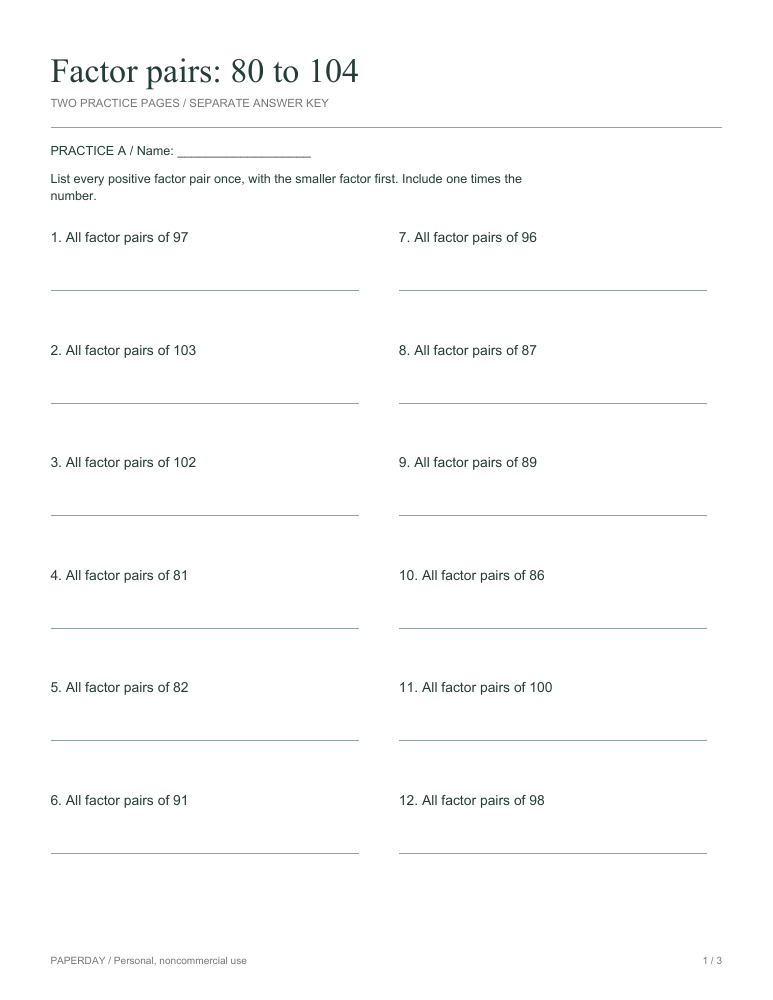 Preview of Factor pairs: 80 to 104 - practice and answers