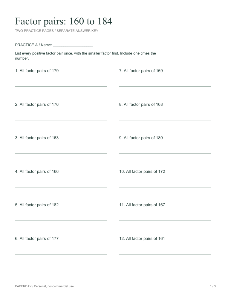 Preview of Factor pairs: 160 to 184 - practice and answers