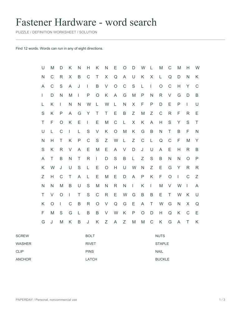 Preview of Fastener Hardware Word Search