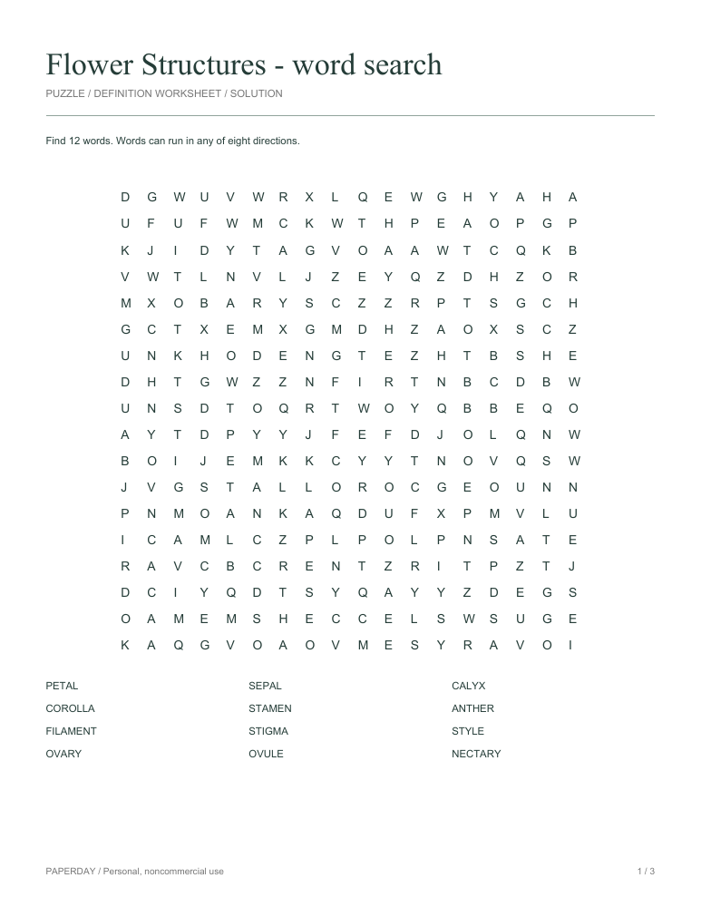 Preview of Flower Structures Word Search