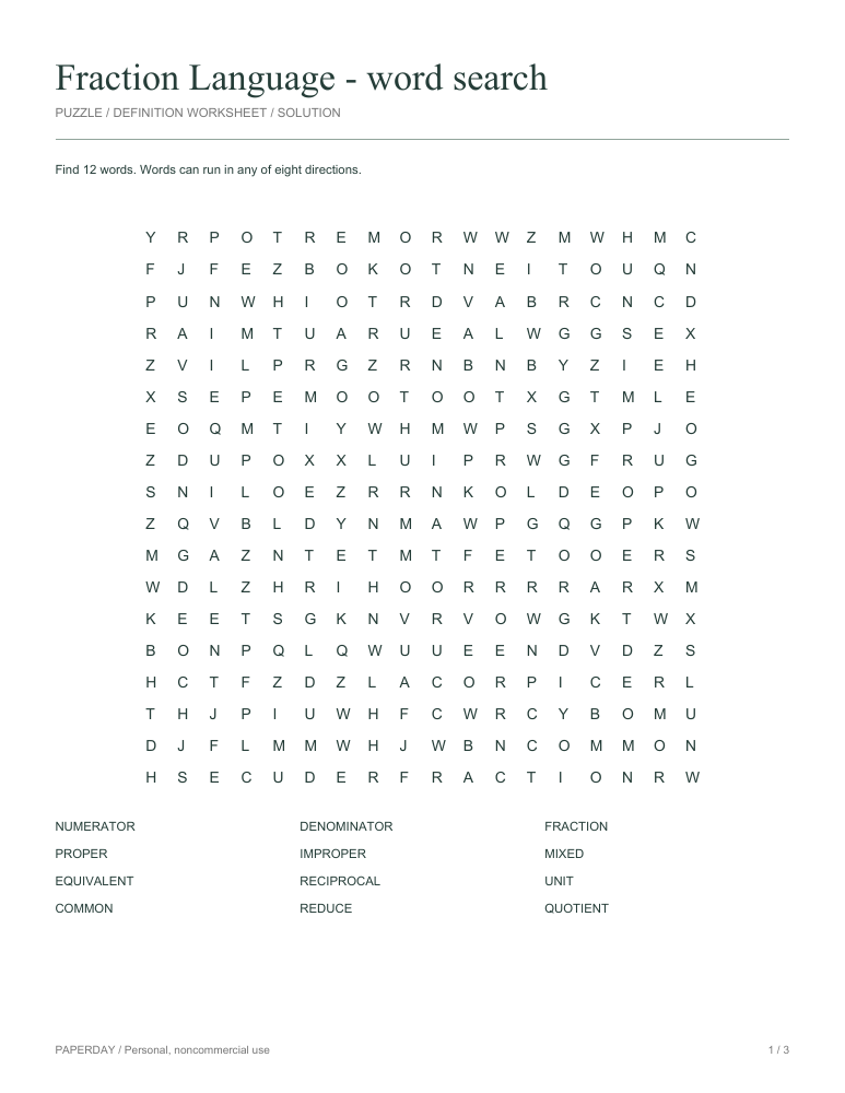 Preview of Fraction Language Word Search