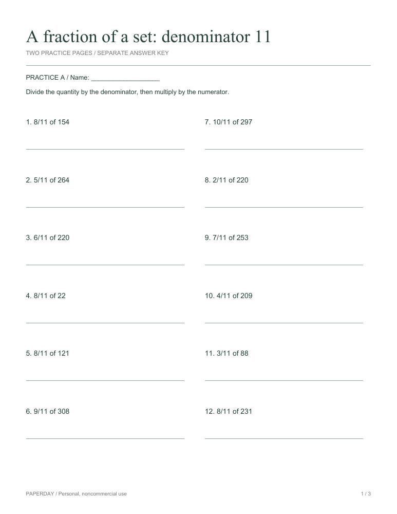 Preview of A fraction of a set: denominator 11 - practice and answers