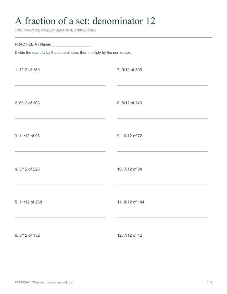 Preview of A fraction of a set: denominator 12 - practice and answers