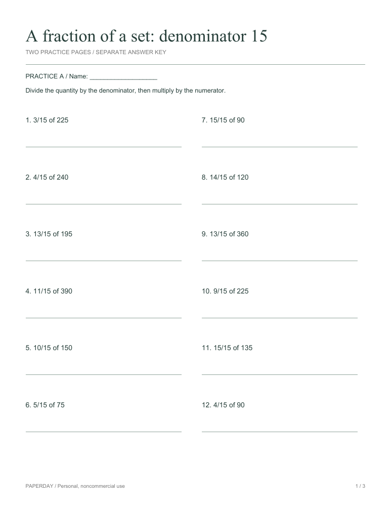 Preview of A fraction of a set: denominator 15 - practice and answers
