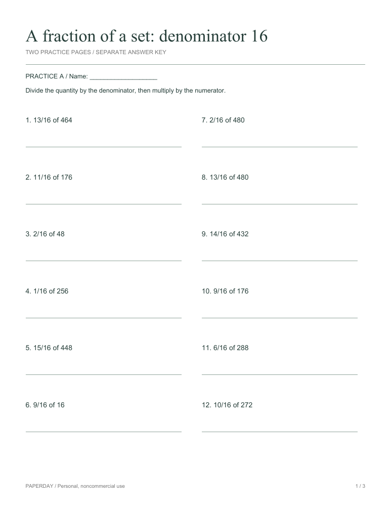 Preview of A fraction of a set: denominator 16 - practice and answers