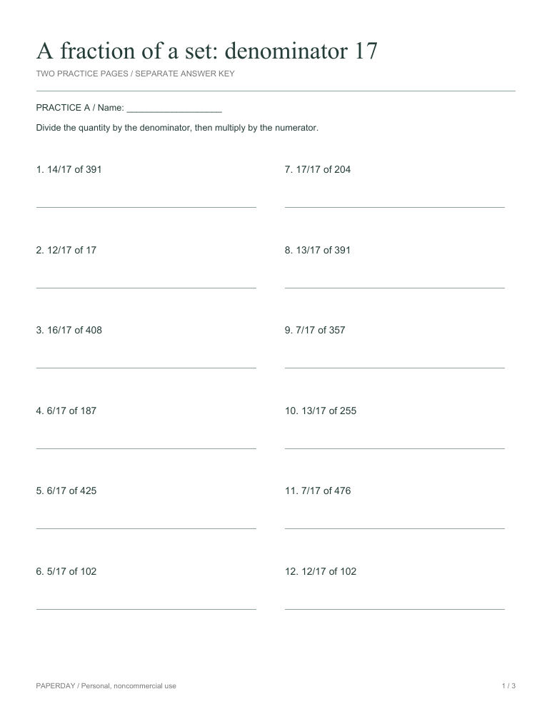 Preview of A fraction of a set: denominator 17 - practice and answers