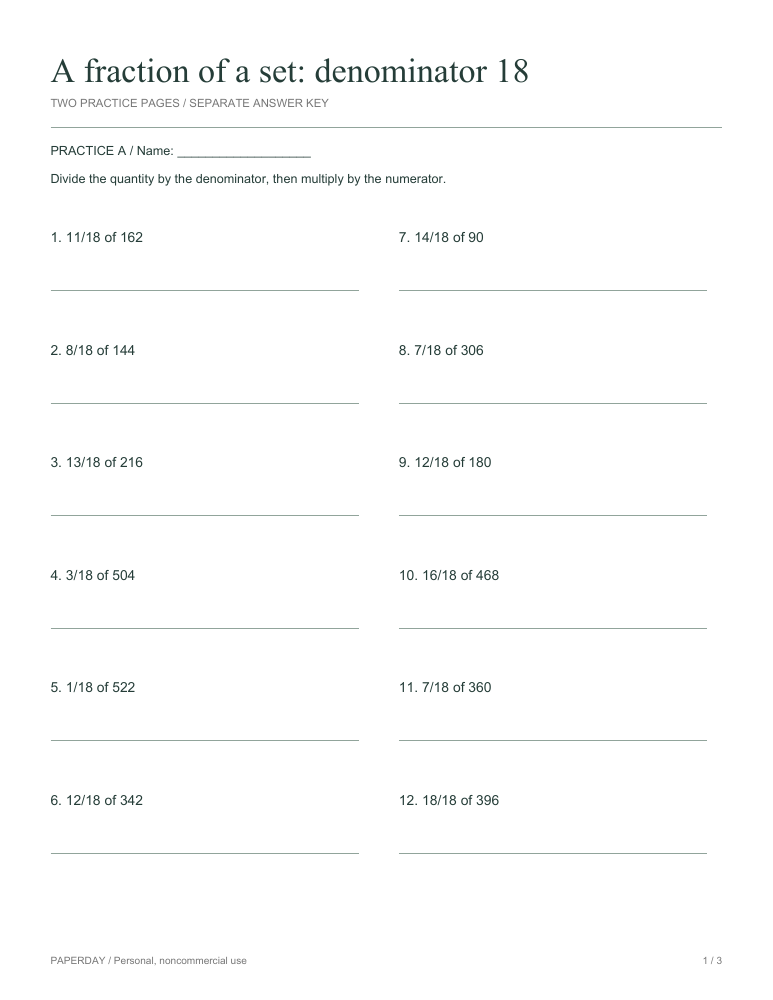 Preview of A fraction of a set: denominator 18 - practice and answers