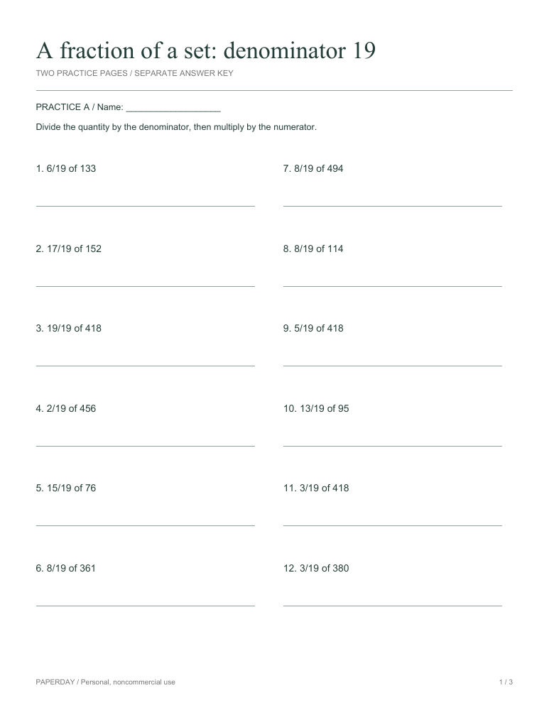 Preview of A fraction of a set: denominator 19 - practice and answers