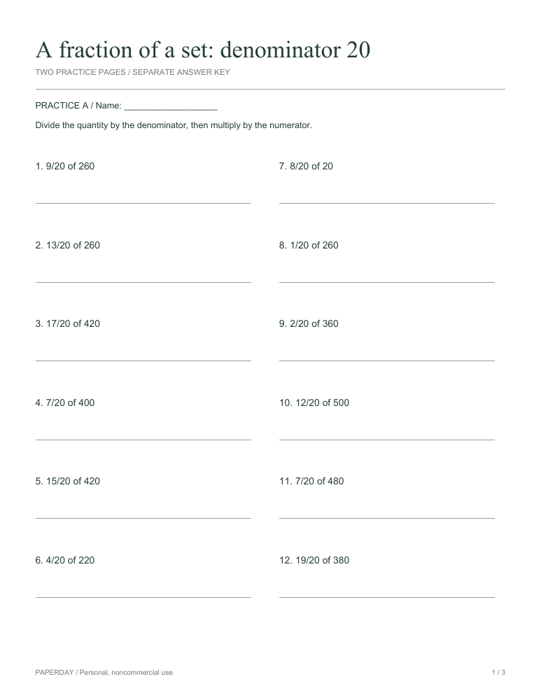 Preview of A fraction of a set: denominator 20 - practice and answers