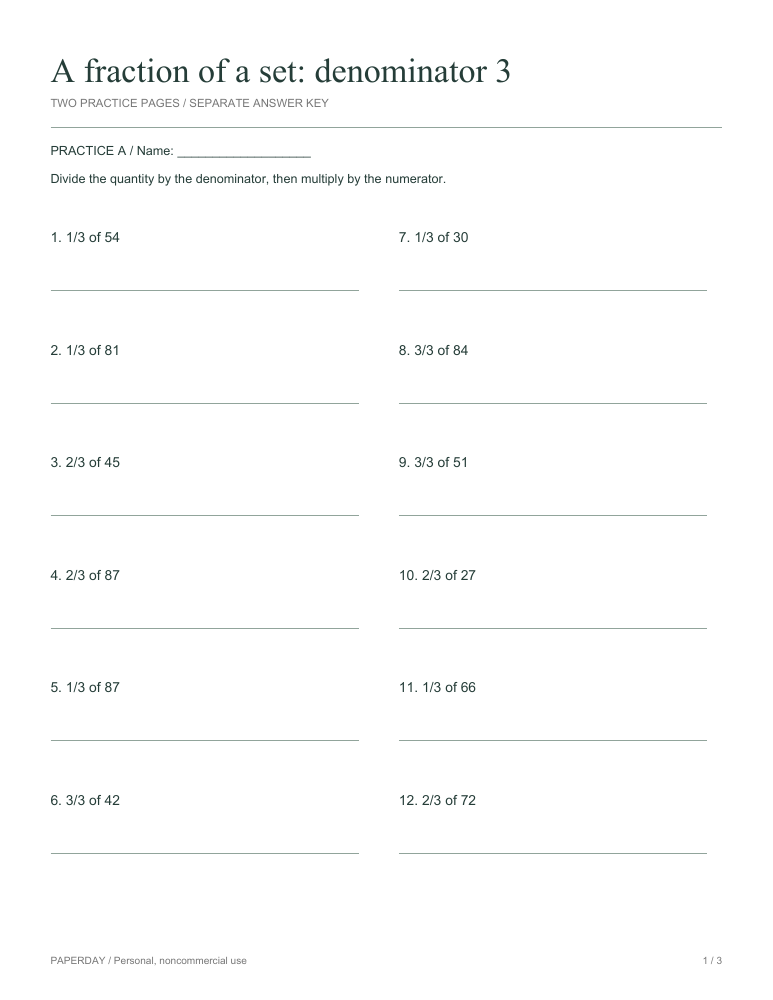 Preview of A fraction of a set: denominator 3 - practice and answers