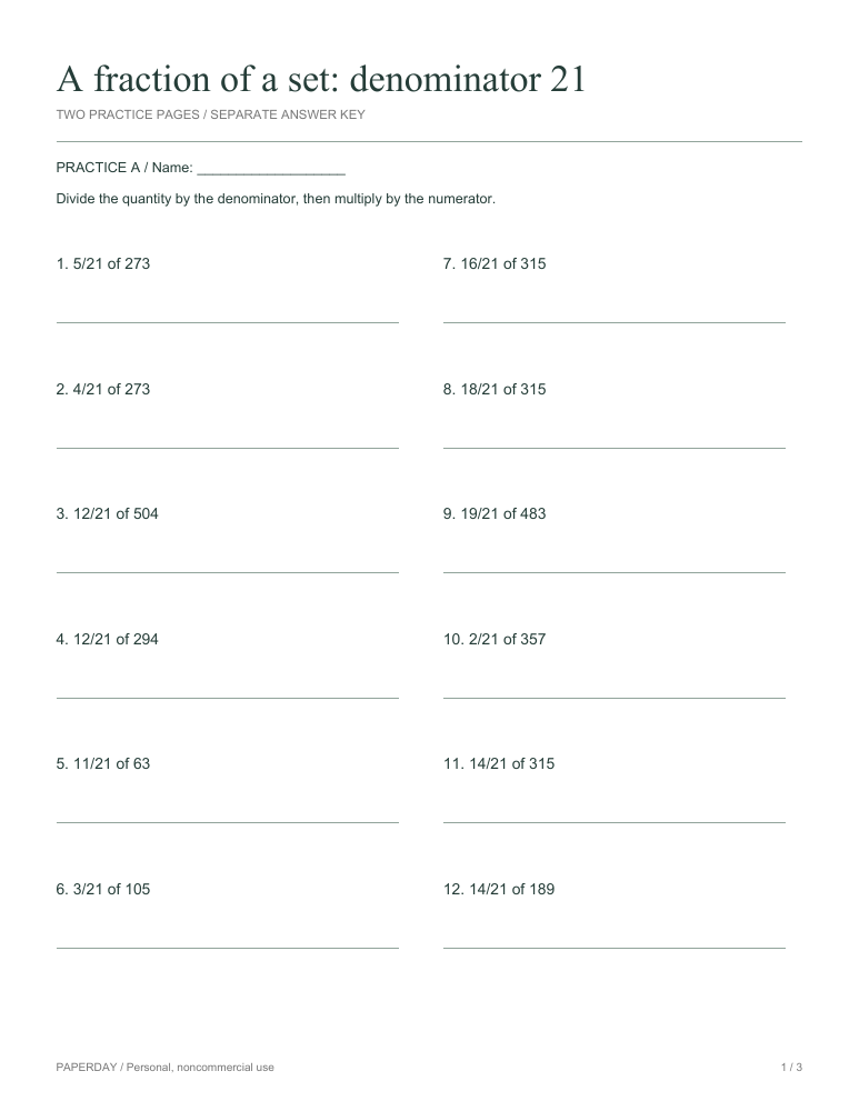 Preview of A fraction of a set: denominator 21 - practice and answers