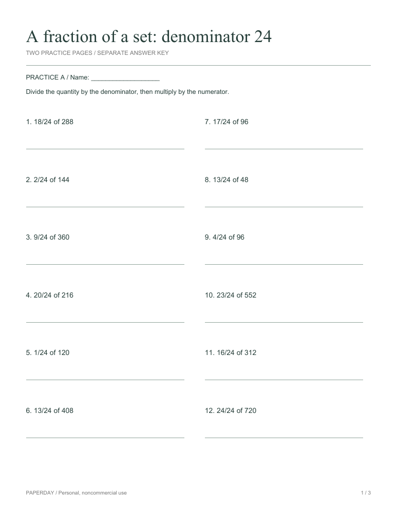 Preview of A fraction of a set: denominator 24 - practice and answers