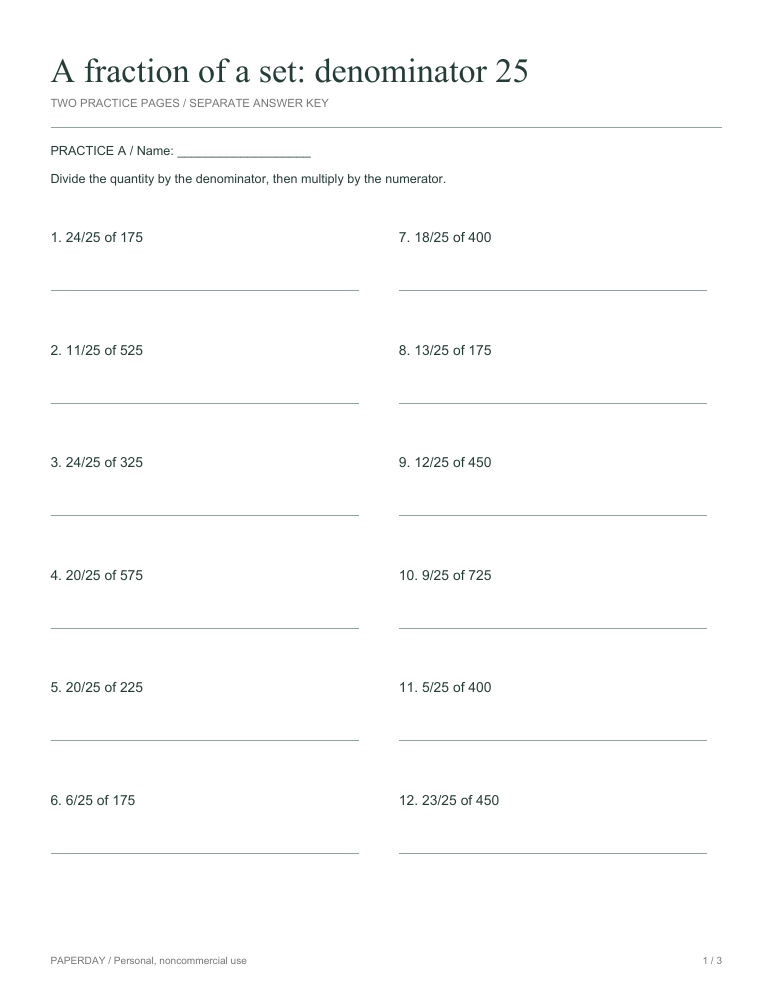 Preview of A fraction of a set: denominator 25 - practice and answers