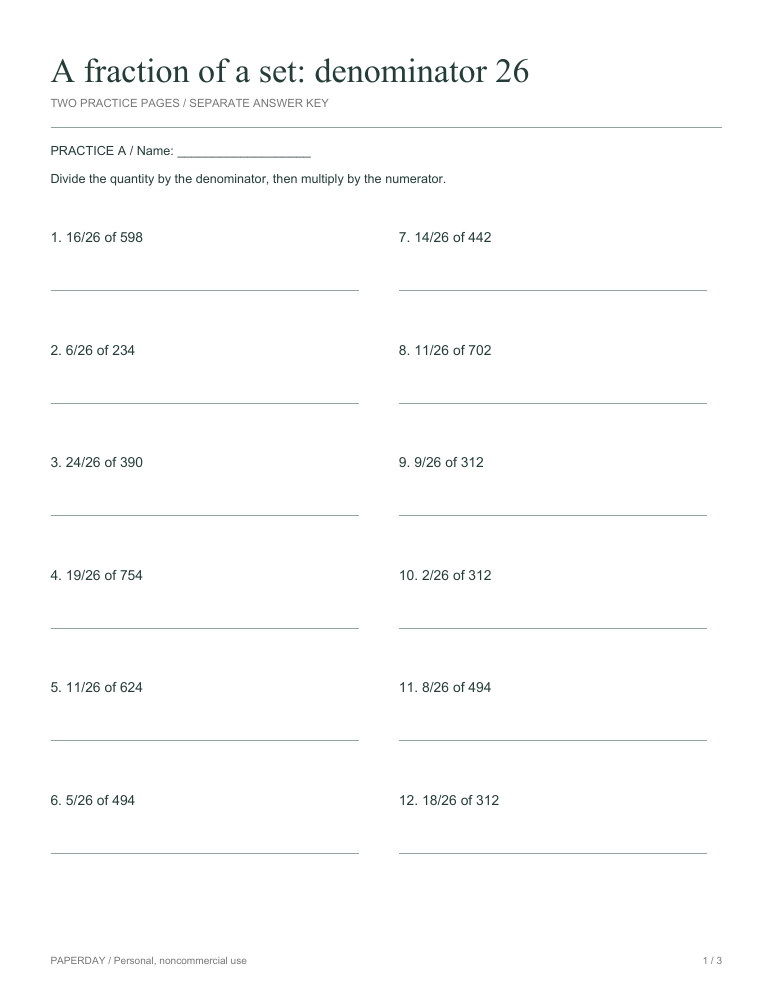Preview of A fraction of a set: denominator 26 - practice and answers