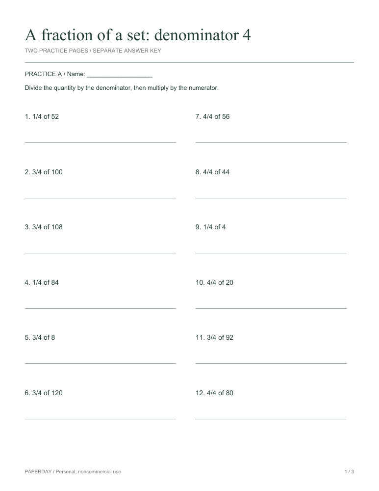 Preview of A fraction of a set: denominator 4 - practice and answers