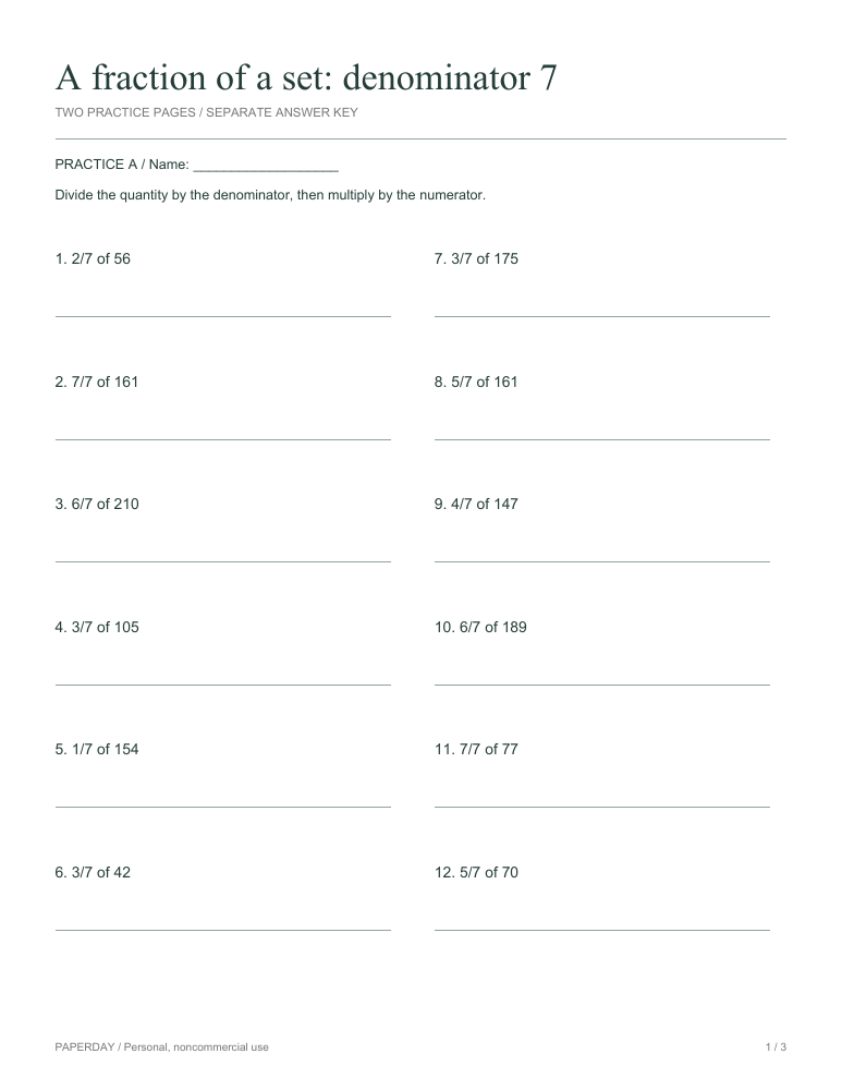 Preview of A fraction of a set: denominator 7 - practice and answers