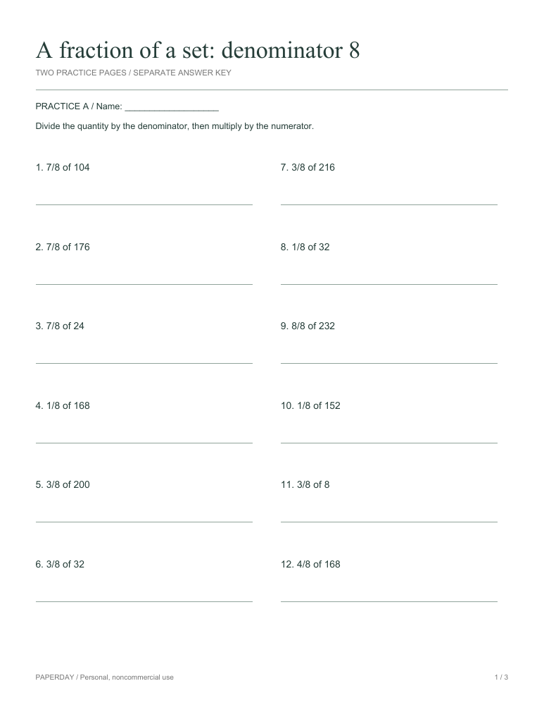 Preview of A fraction of a set: denominator 8 - practice and answers