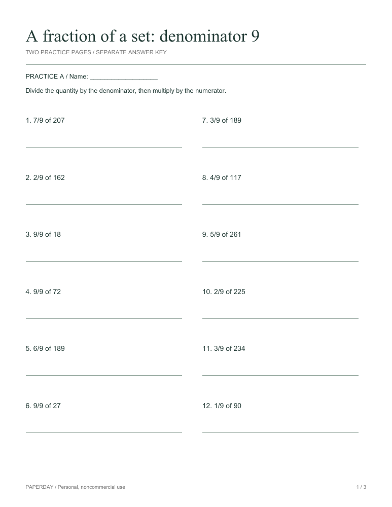 Preview of A fraction of a set: denominator 9 - practice and answers