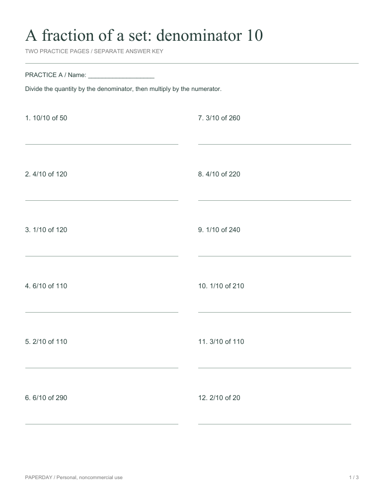 Preview of A fraction of a set: denominator 10 - practice and answers