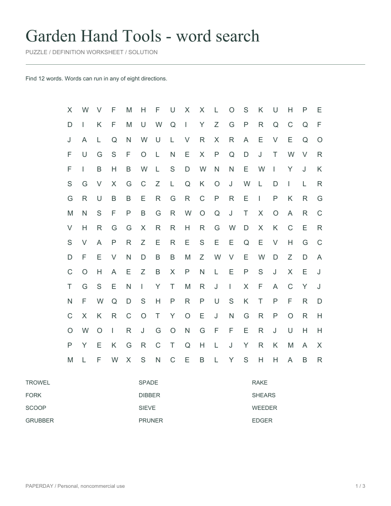 Preview of Garden Hand Tools Word Search