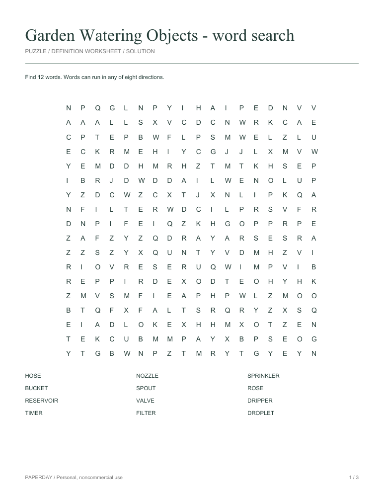 Preview of Garden Watering Objects Word Search
