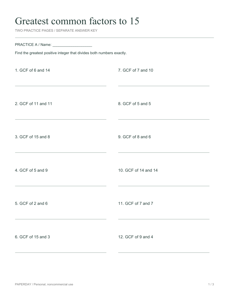 Preview of Greatest common factors to 15 - practice and answers