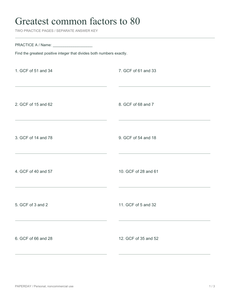 Preview of Greatest common factors to 80 - practice and answers