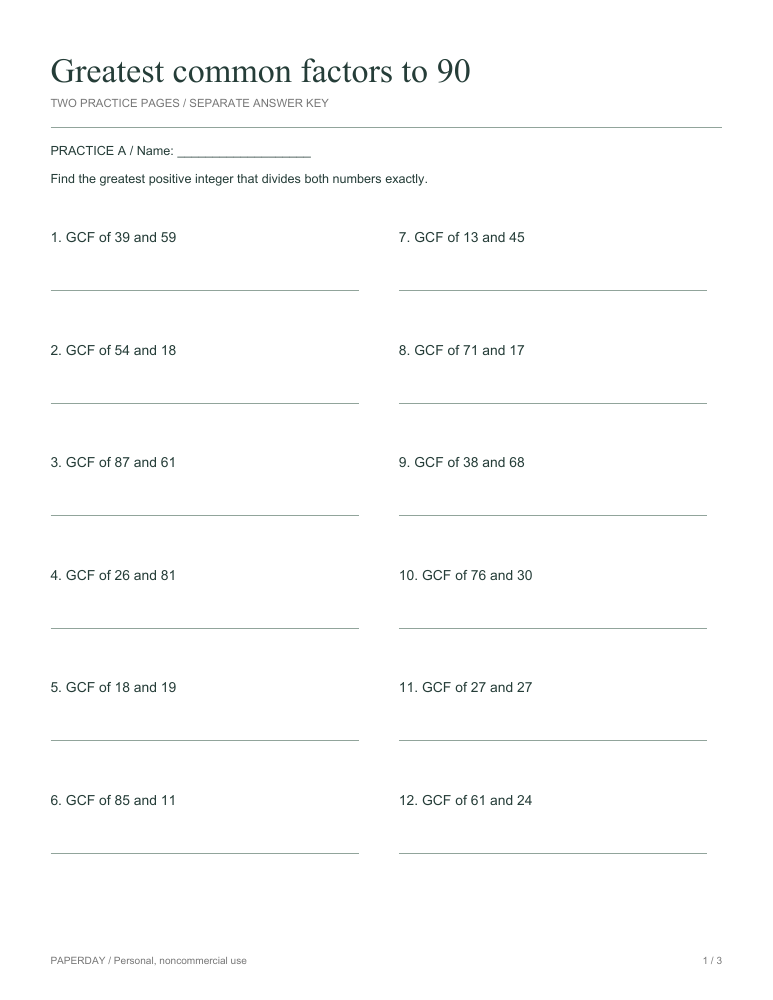 Preview of Greatest common factors to 90 - practice and answers