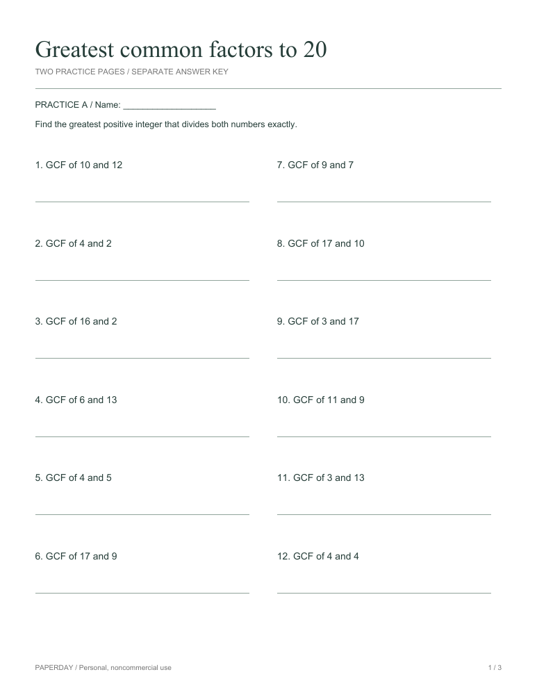 Preview of Greatest common factors to 20 - practice and answers