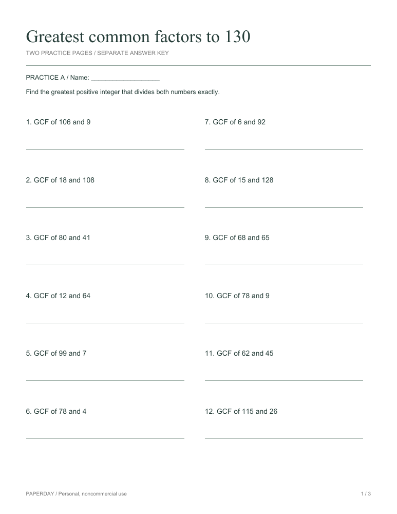 Preview of Greatest common factors to 130 - practice and answers