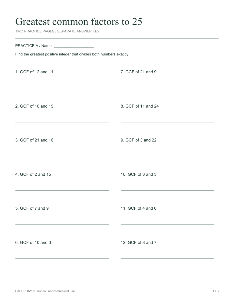 Preview of Greatest common factors to 25 - practice and answers