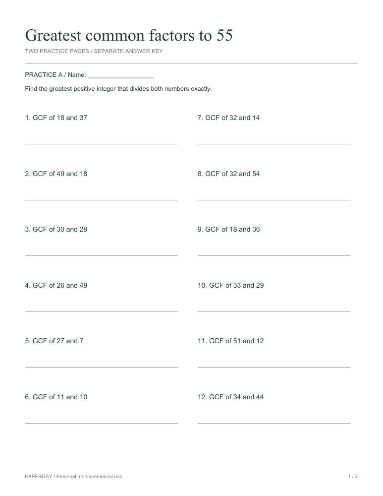 Preview of Greatest common factors to 55 - practice and answers