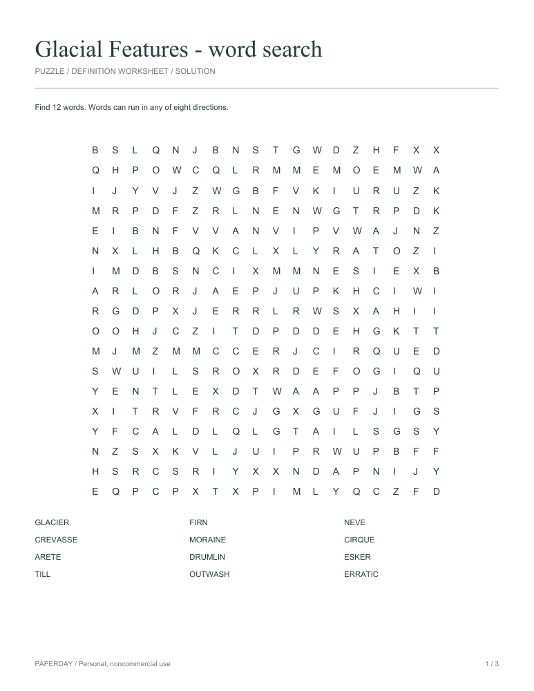 Preview of Glacial Features Word Search