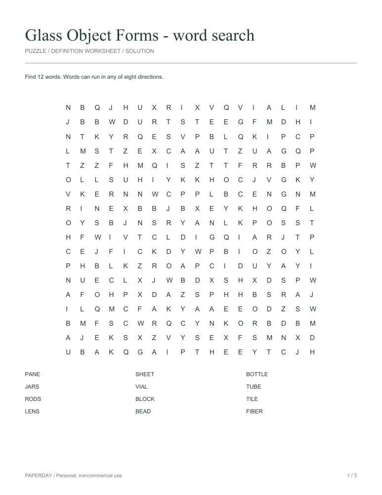 Preview of Glass Object Forms Word Search