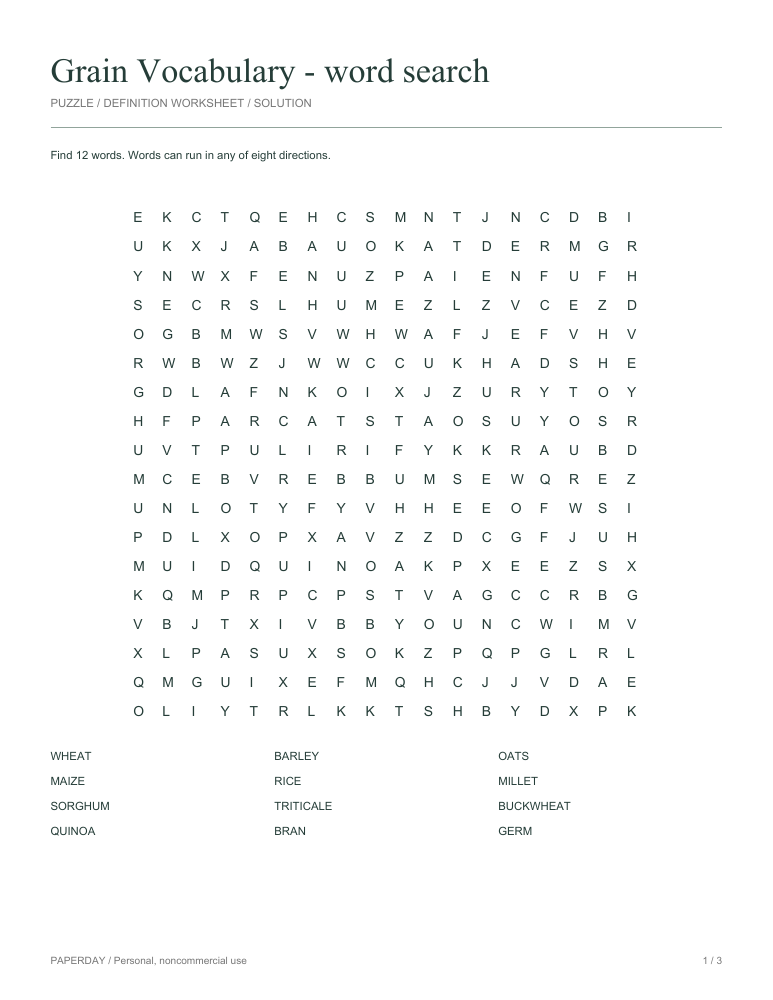Preview of Grain Vocabulary Word Search