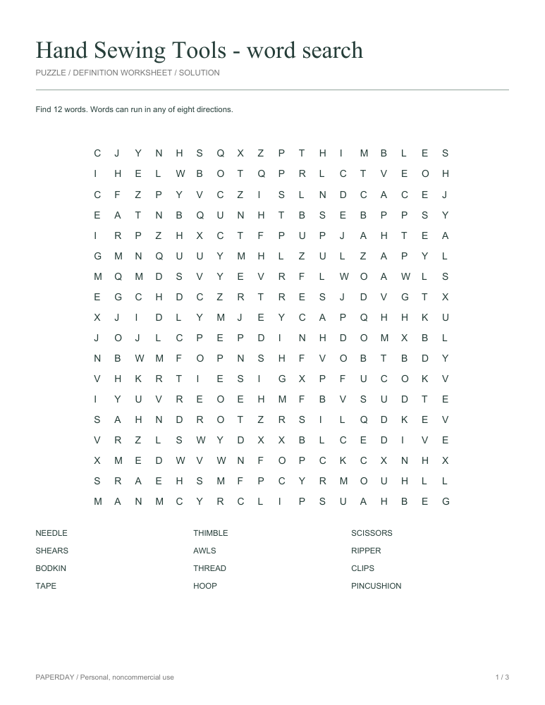 Preview of Hand Sewing Tools Word Search