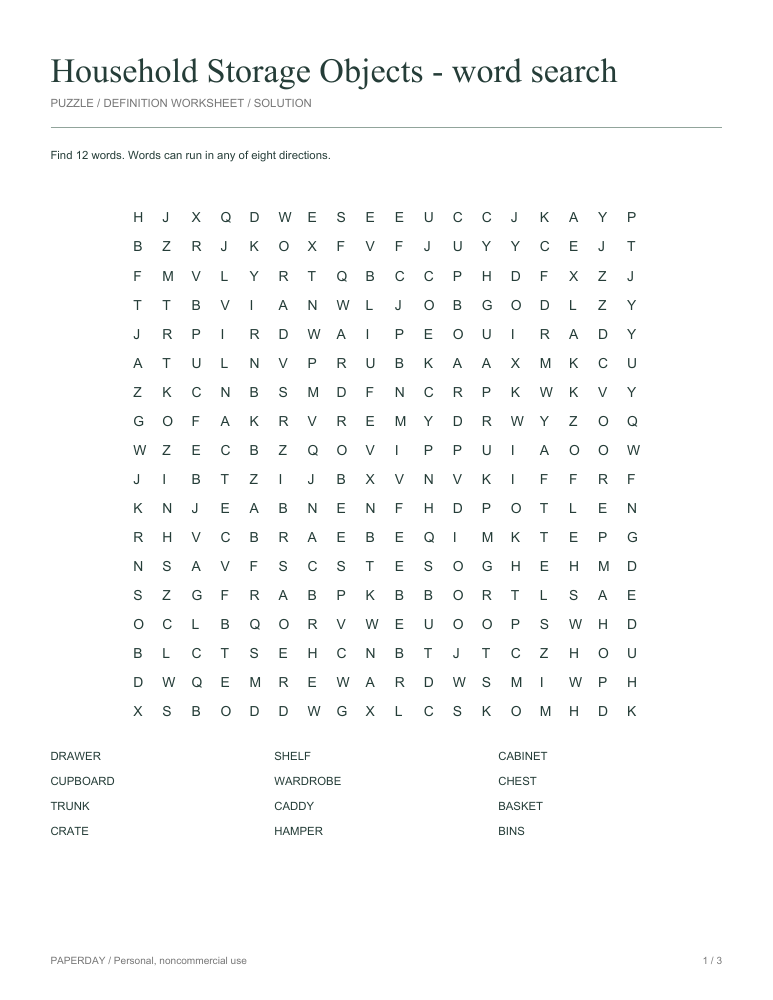 Preview of Household Storage Objects Word Search