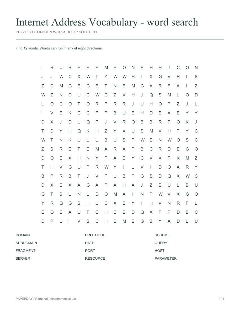 Preview of Internet Address Vocabulary Word Search
