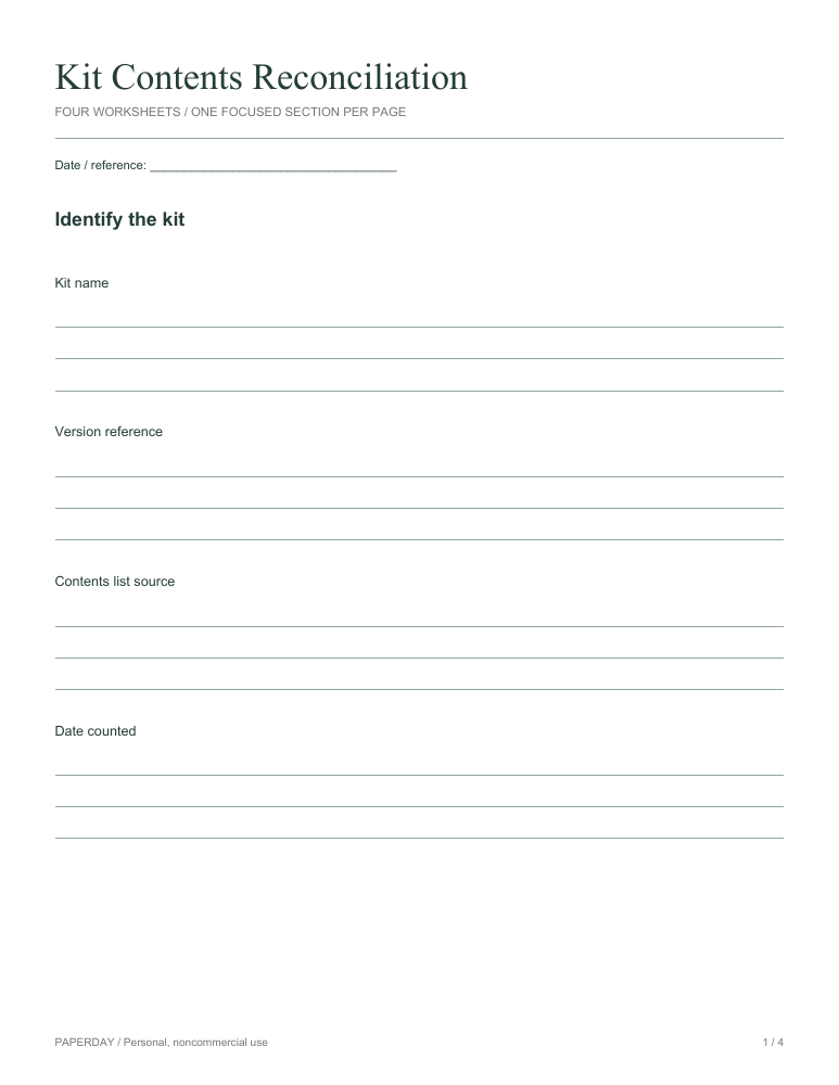 Page one of Kit Contents Reconciliation