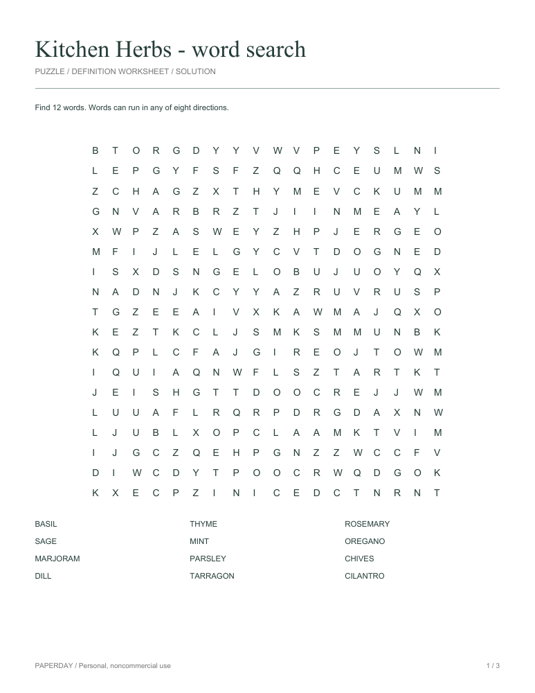 Preview of Kitchen Herbs Word Search