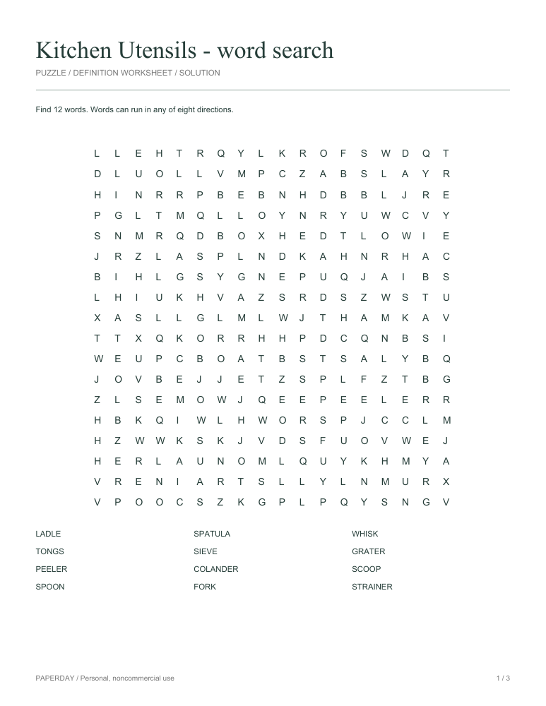 Preview of Kitchen Utensils Word Search