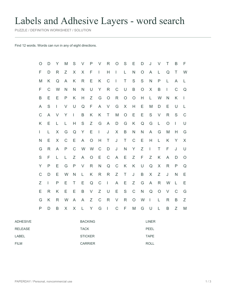 Preview of Labels and Adhesive Layers Word Search