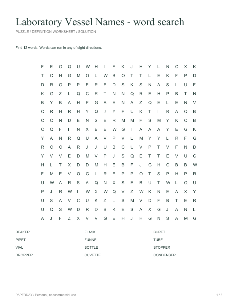 Preview of Laboratory Vessel Names Word Search