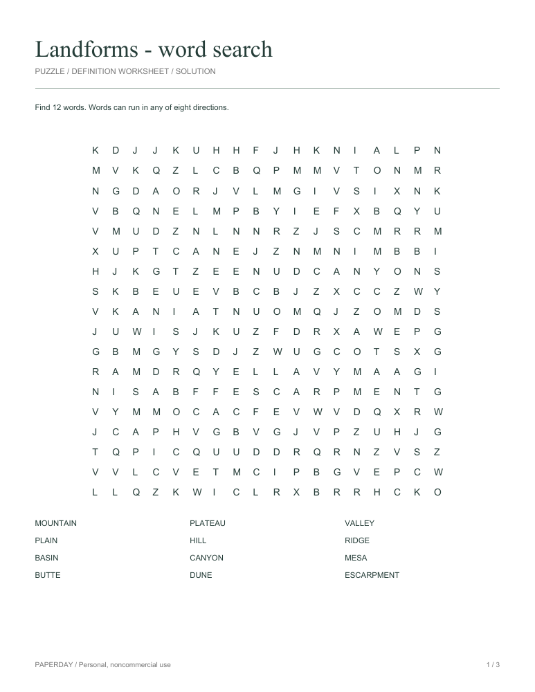 Preview of Landforms Word Search