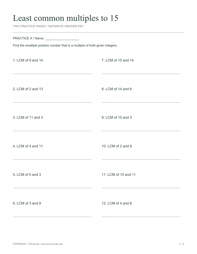 Preview of Least common multiples to 15 - practice and answers